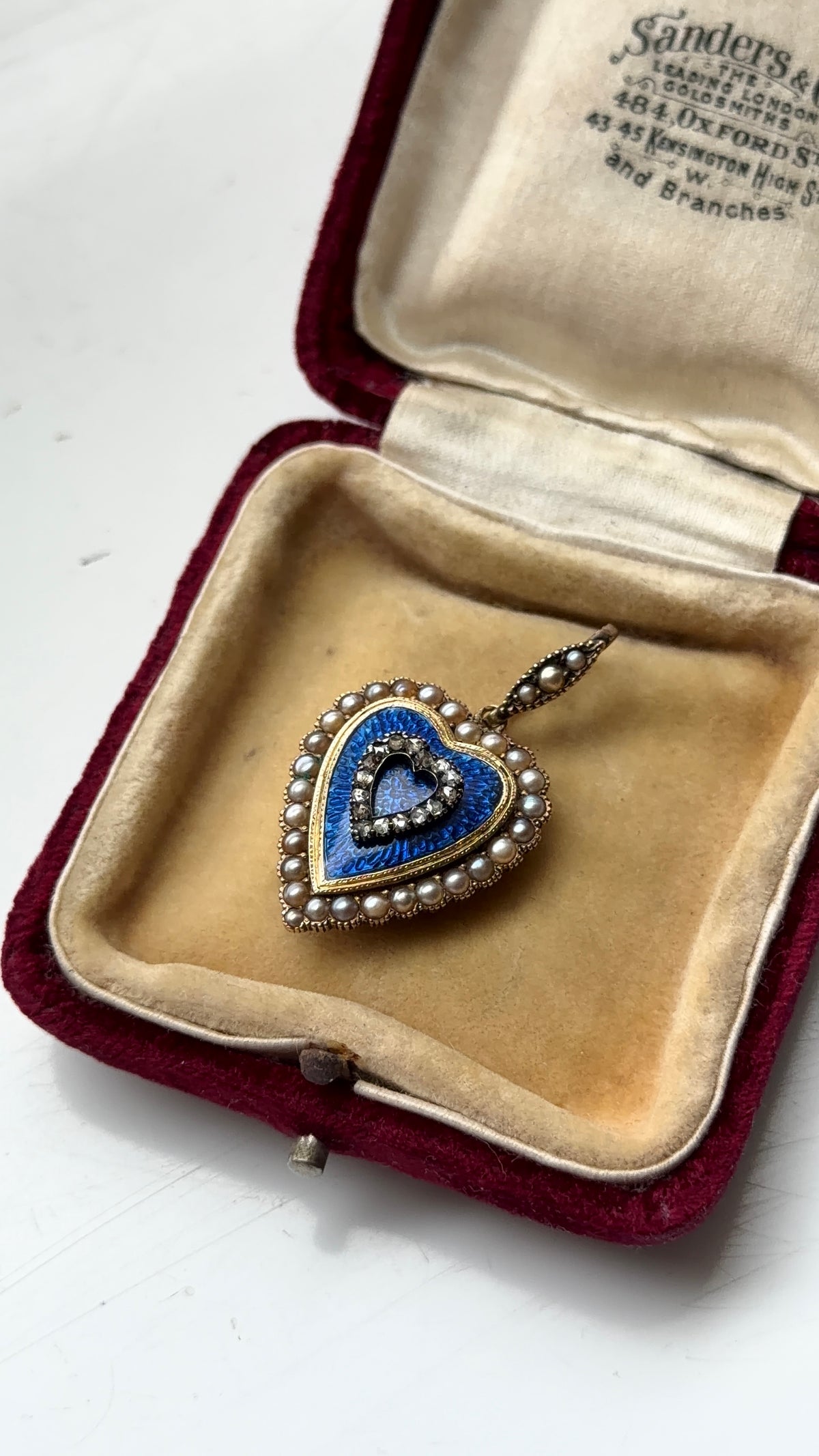 Blue enamel diamond and pearl heart