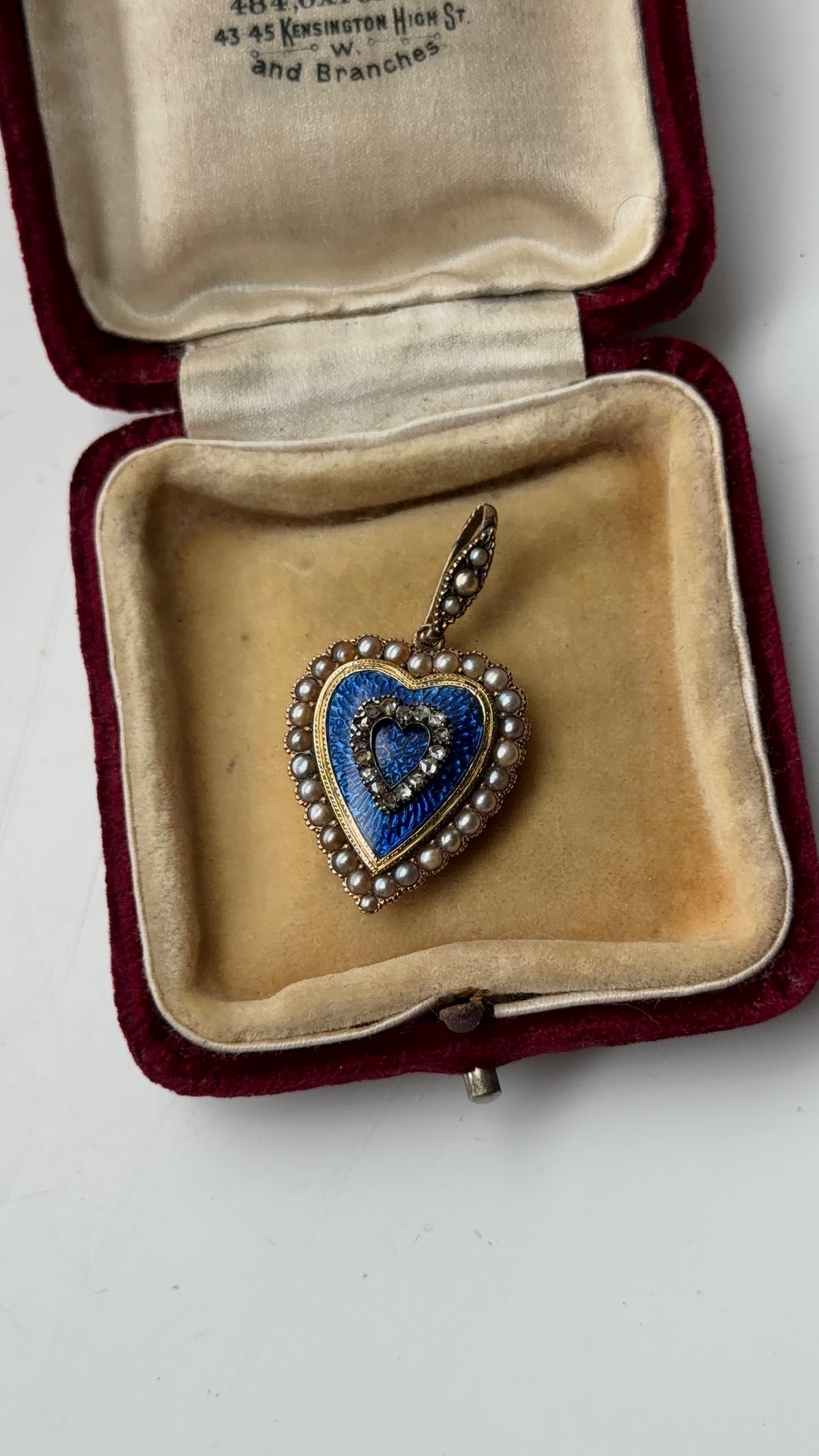 Blue enamel diamond and pearl heart