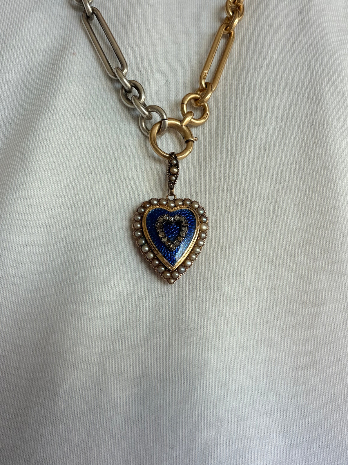 Blue enamel diamond and pearl heart