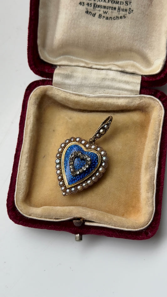 Blue enamel diamond and pearl heart