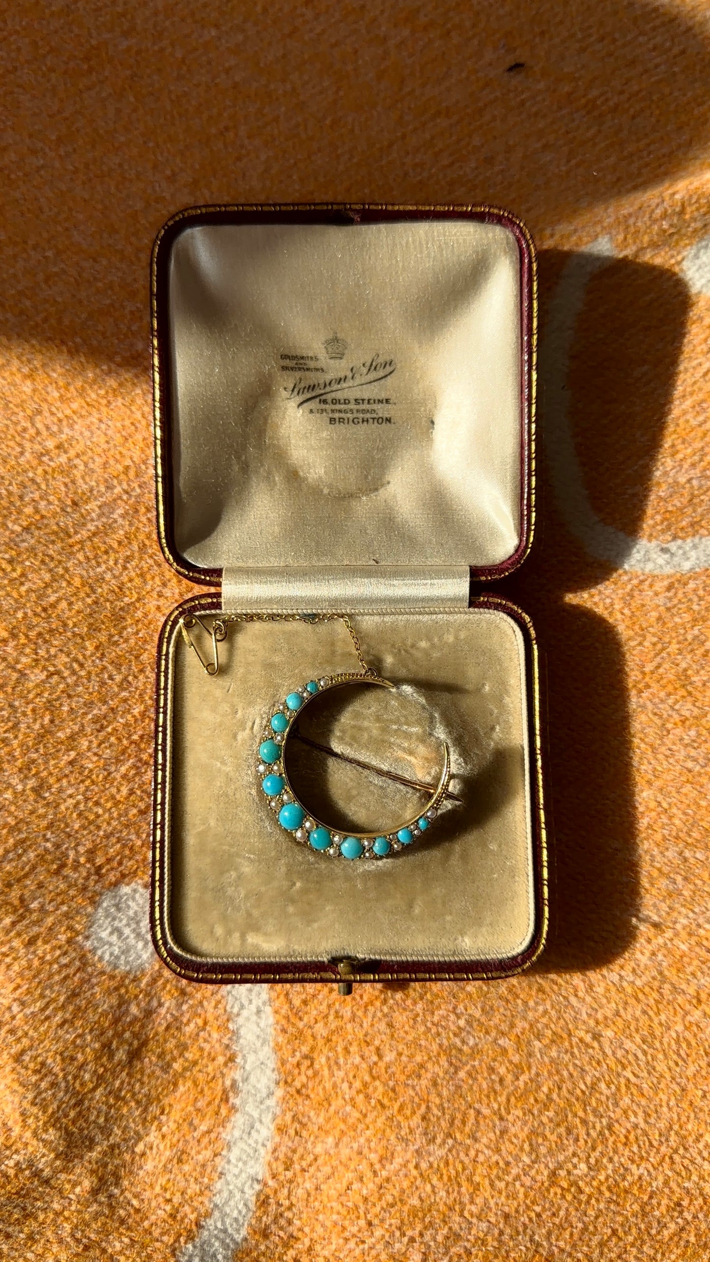 Antique 18ct turquoise and pearl moon