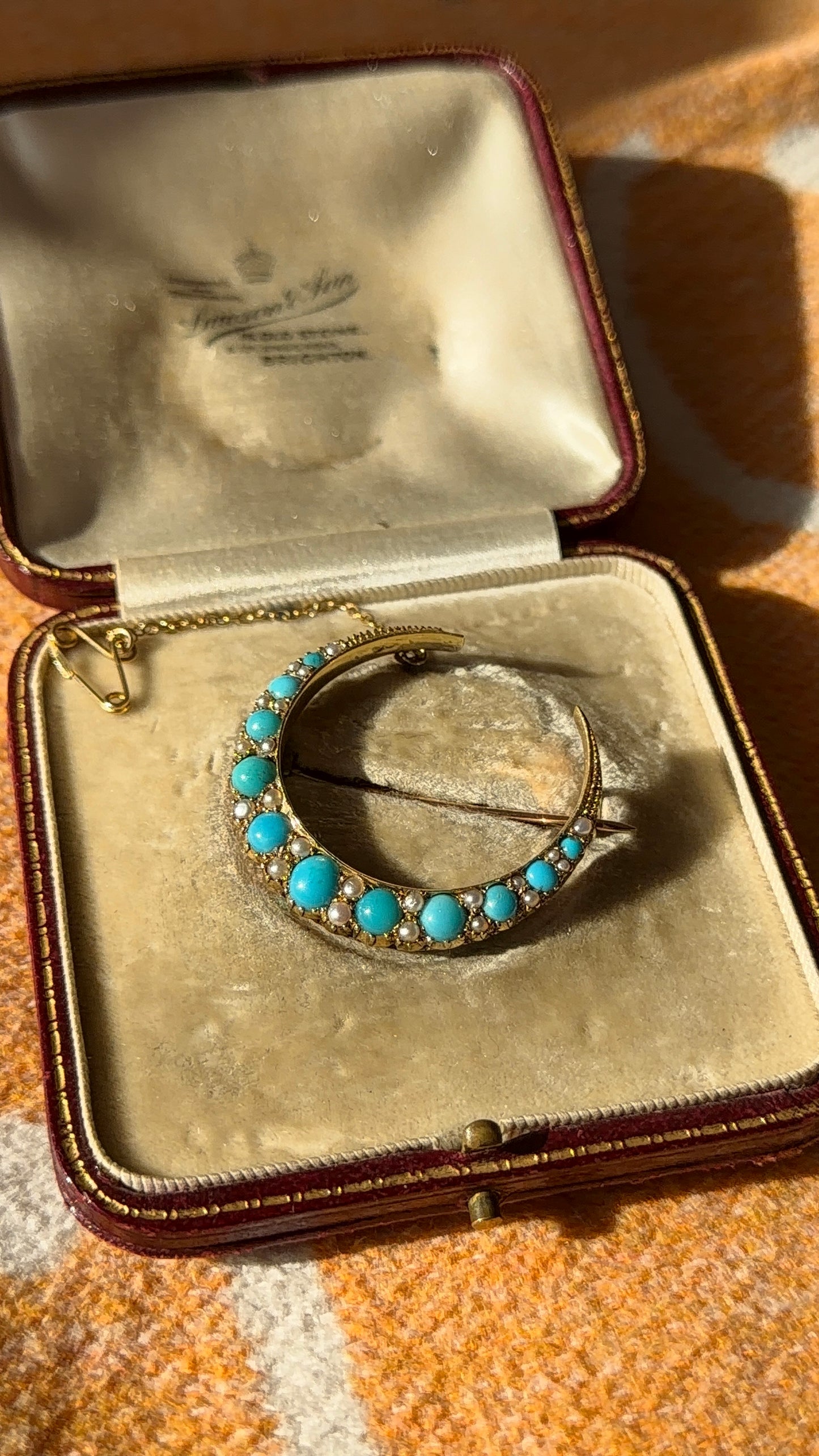 Antique 18ct turquoise and pearl moon