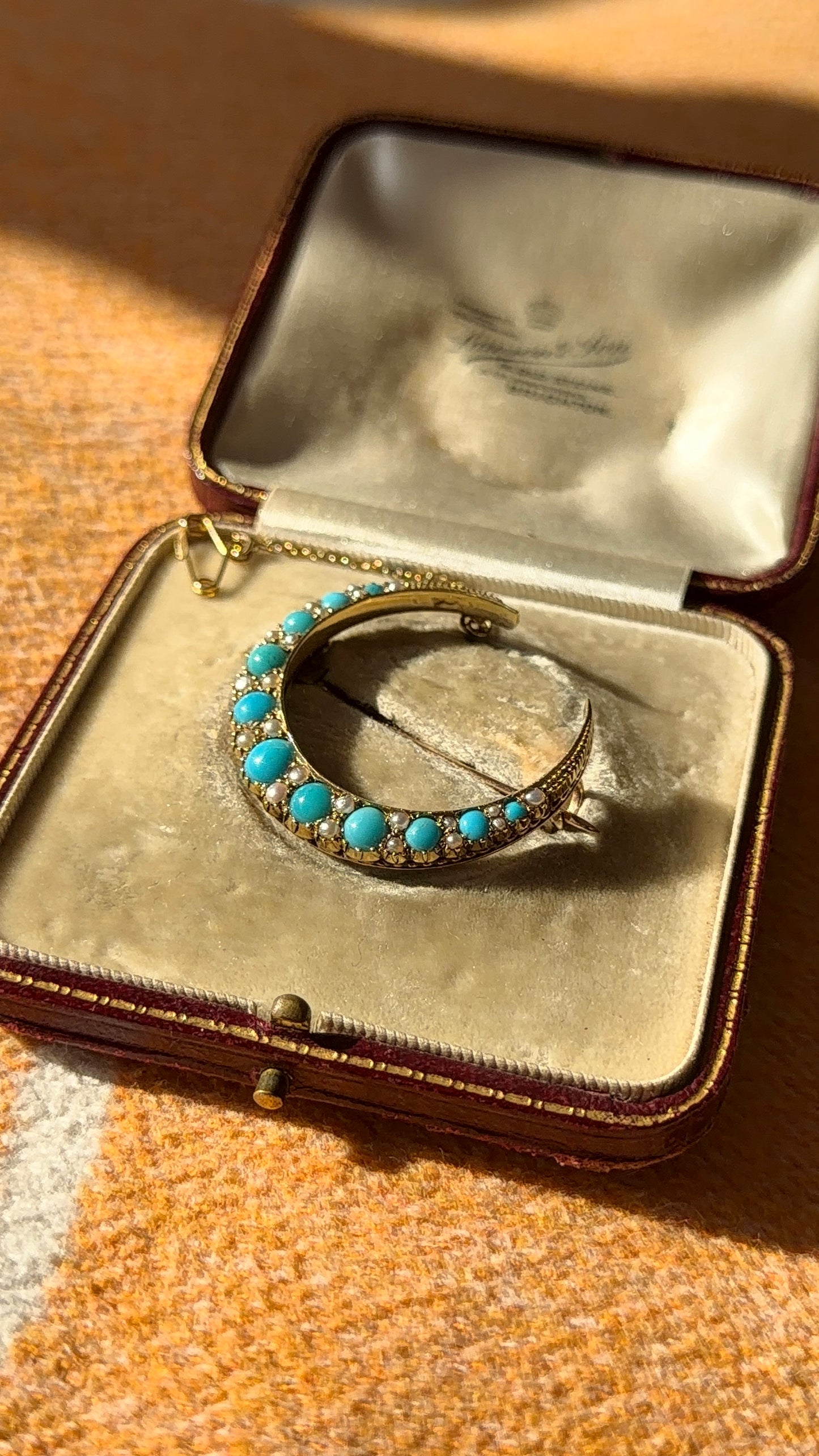Antique 18ct turquoise and pearl moon