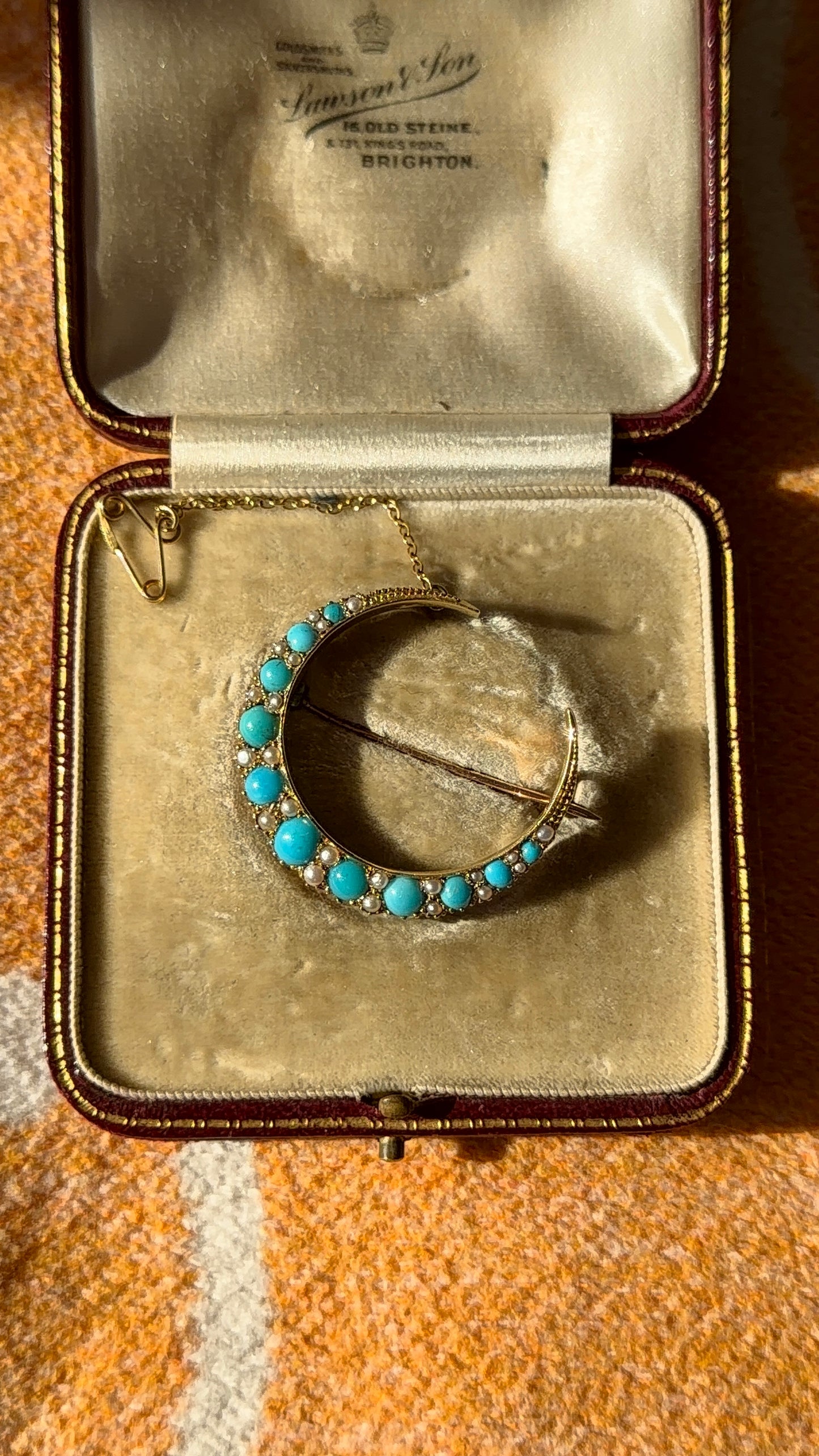 Antique 18ct turquoise and pearl moon