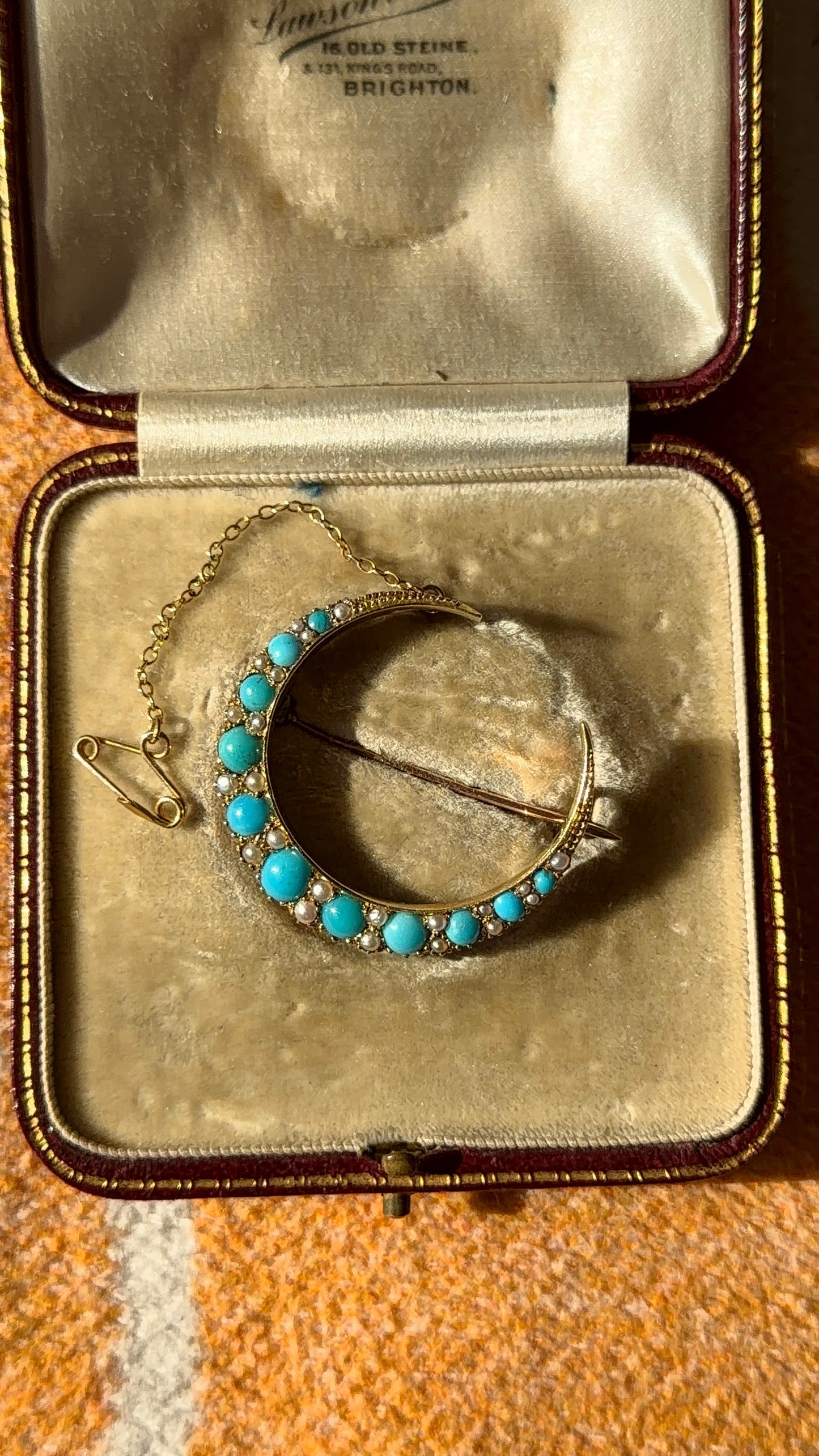 Antique 18ct turquoise and pearl moon