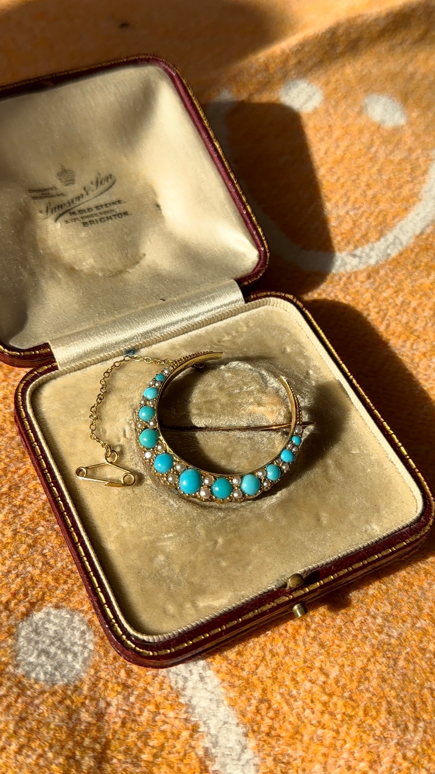 Antique 18ct turquoise and pearl moon