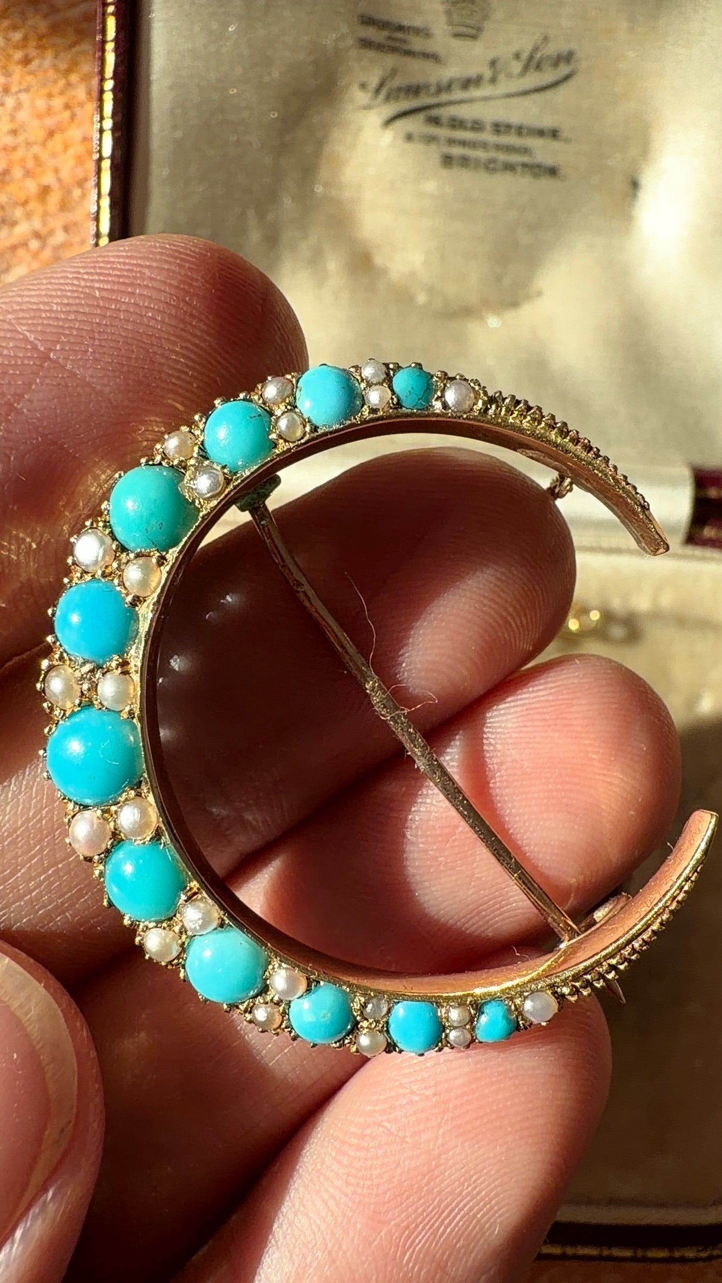 Antique 18ct turquoise and pearl moon