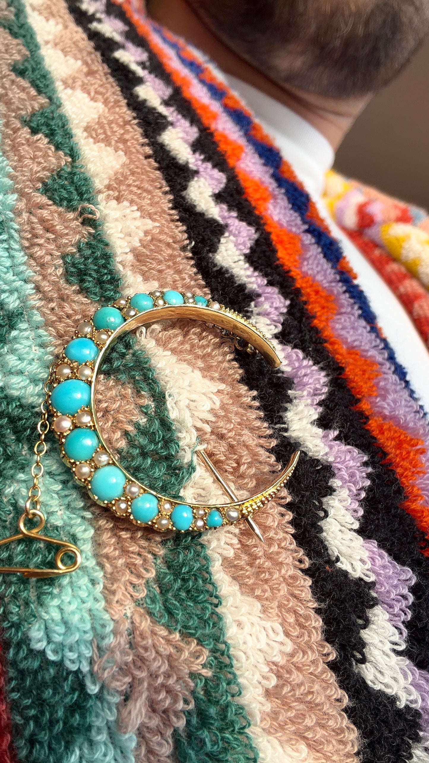Antique 18ct turquoise and pearl moon