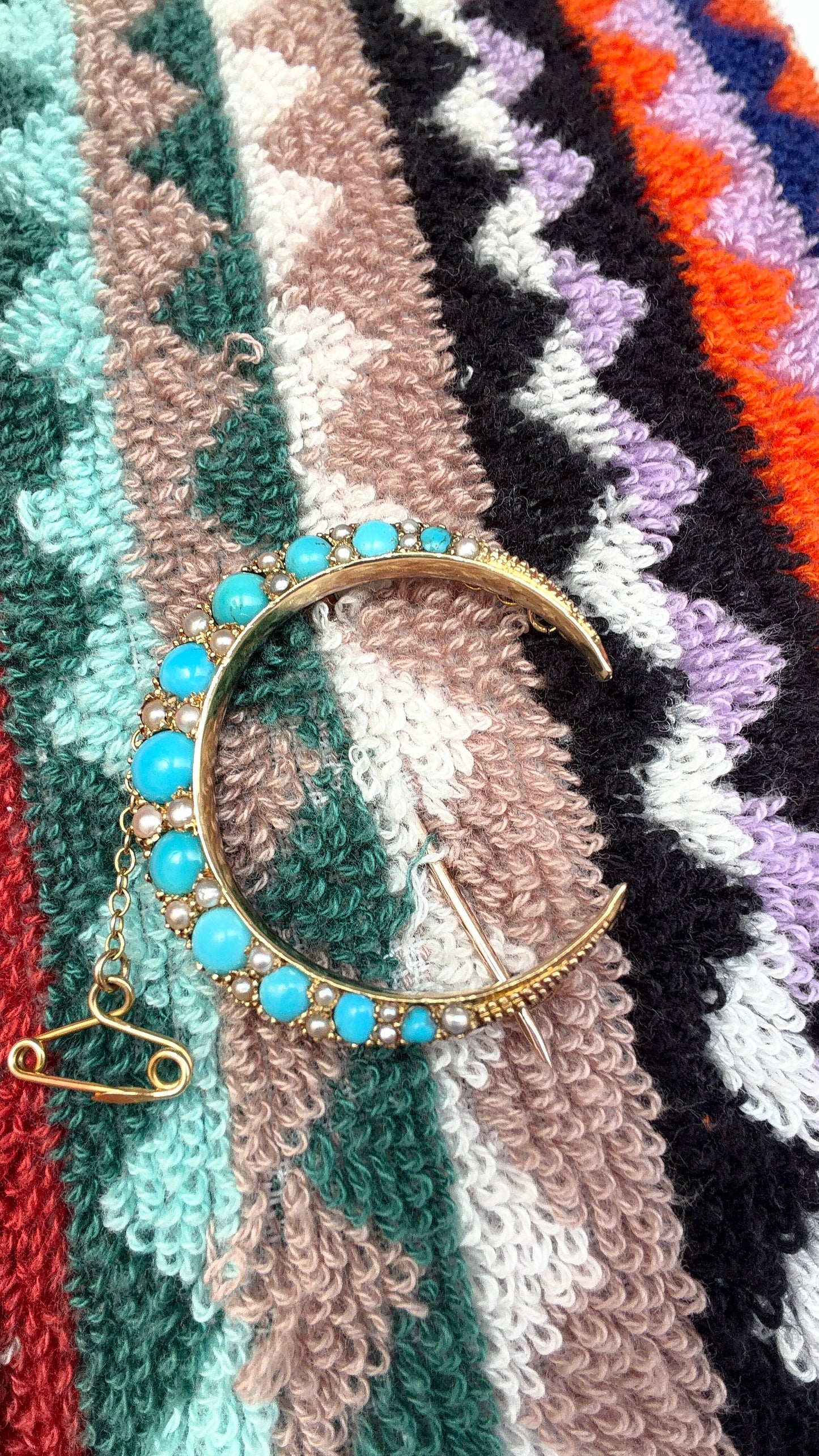 Antique 18ct turquoise and pearl moon